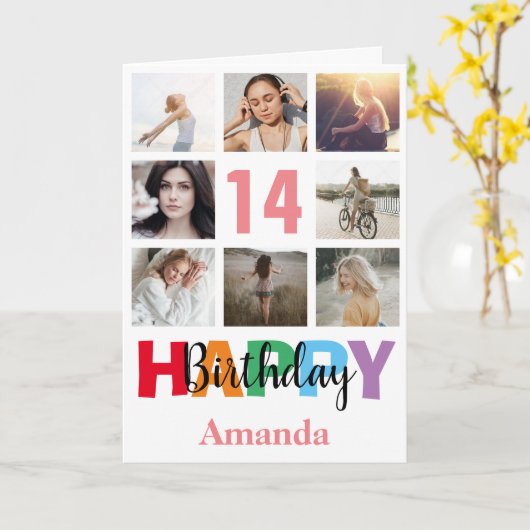 14. Happy Birthday Foto Collage Modern Pink Karte (Gelbe Blume)