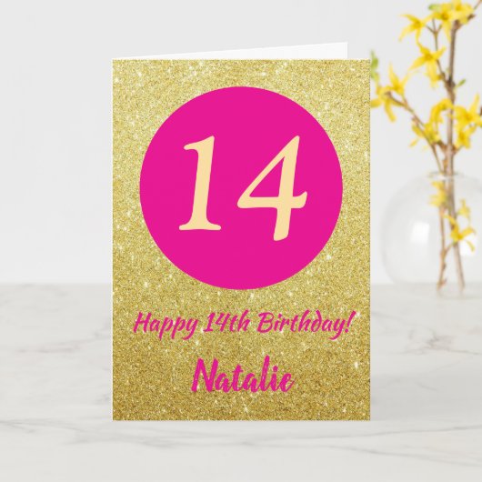 14. Happy Birthday Hot Pink und Gold Glitzer Karte (Gelbe Blume)