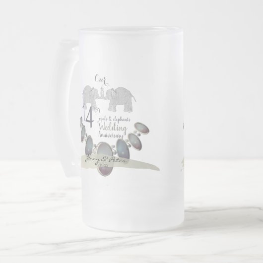14. Hochzeit-Jubiläum-Elefanten und Opale Mattglas Bierglas (Vorderseite Links)