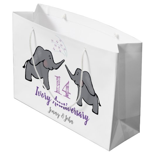 14. Hochzeitstag niedlicher Elefant Große Geschenktüte (Rückseite Schrägansicht)