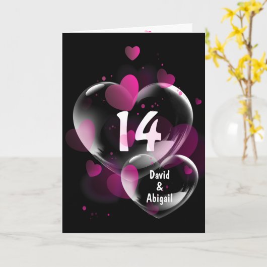 14. Jubiläum Herzblasen auf schwarz Karte (Gelbe Blume)