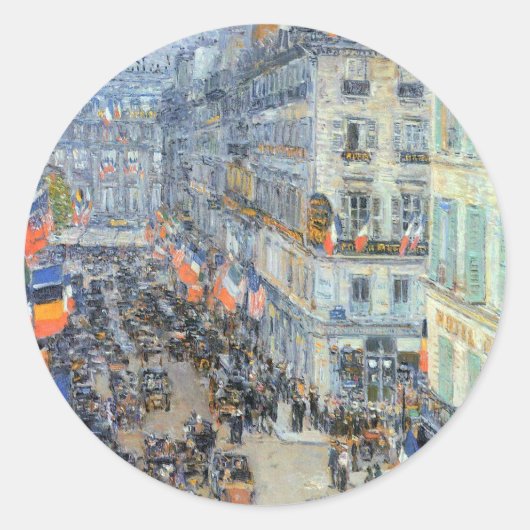 14. Juli, Rue Daunou von Childe Hassam Runder Aufkleber (Vorderseite)