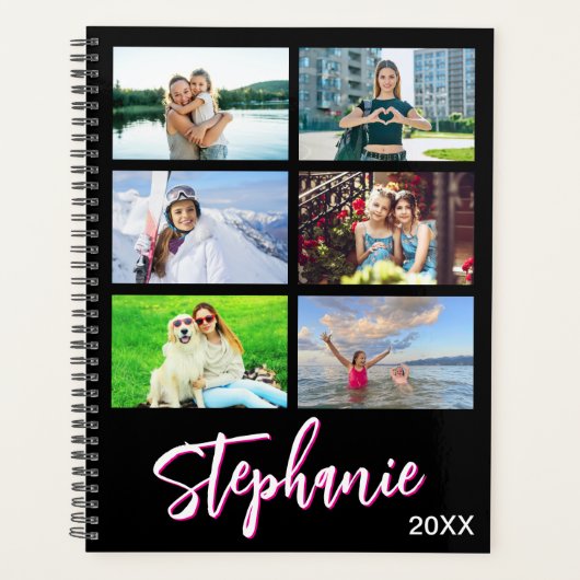 14 Photo Collage Personalized Hot Pink Black Planer (Vorderseite)