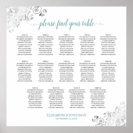 14 Tabelle Frily Wedding Seating Chart Weiß & Aqua Poster