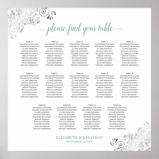 14 Tabelle Frily Wedding Seating Chart Weiß & Aqua Poster (Vorne)