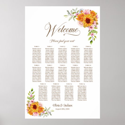 14 Tabelle Gelb rosa Hochzeitstabelle Poster (Vorne)