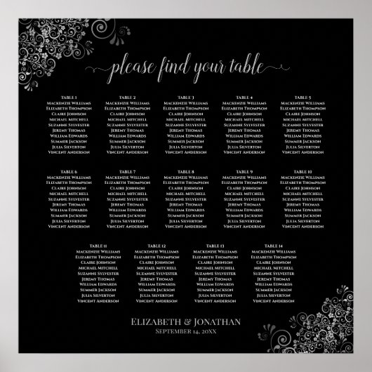 14 Tabelle Silver Frills Black Wedding Seating Cha Poster (Vorne)