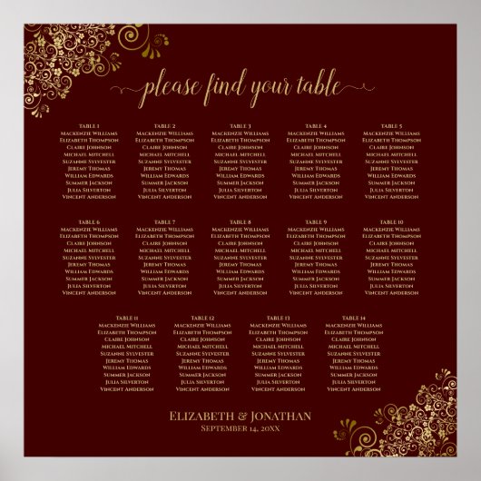 14 Table Lacy Gold Wedding Seating Chart Auburn Poster (Vorne)