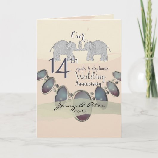 14. Wedding Anniversay Elephants & Opals Blank C Karte (Vorderseite)