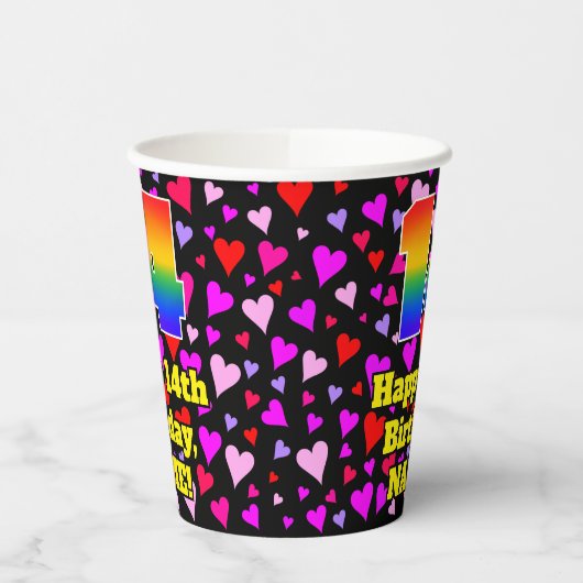 14th Birthday: Loving Hearts Pattern, Rainbow 14 Pappbecher (Links)