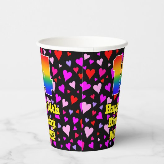 14th Birthday: Loving Hearts Pattern, Rainbow 14 Pappbecher (Rechts)