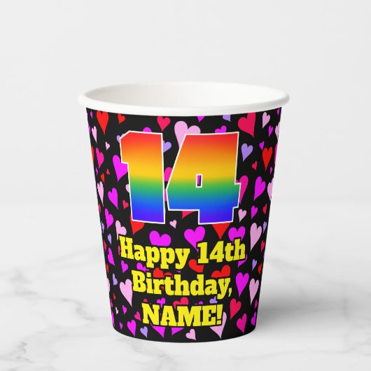 14th Birthday: Loving Hearts Pattern, Rainbow 14 Pappbecher (Vorderseite)