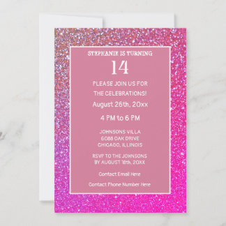 14th Birthday Pink Rose Gold Glitter Fourteen Cute Einladung