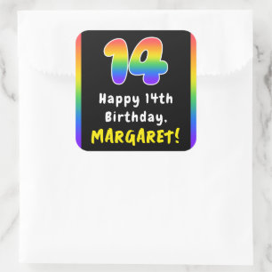 14th Birthday: Rainbow Spectrum # 14, Custom Name Quadratischer Aufkleber