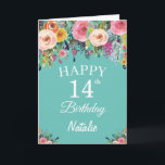 14th Birthday Watercolor Floral Flowers Teal Karte<br><div class="desc">14th Birthday Watercolor Floral Flowers Teal Card with personalized name and age. For further customization,  please click the "Customize it" button and use our design tool to modify this template.</div>