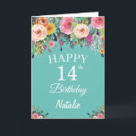 14th Birthday Watercolor Floral Flowers Teal Karte<br><div class="desc">14th Birthday Watercolor Floral Flowers Teal Card with personalized name and age. For further customization,  please click the "Customize it" button and use our design tool to modify this template.</div>