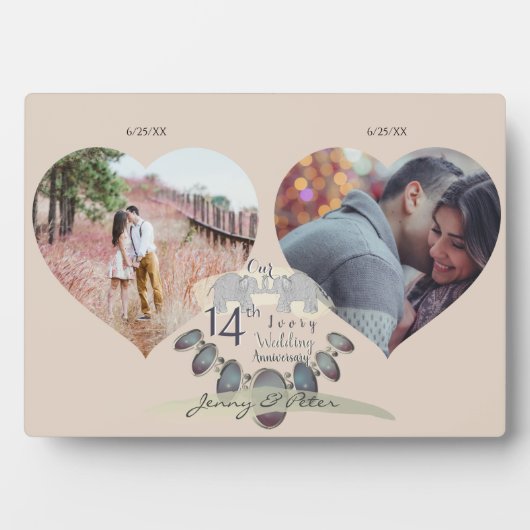 14th Wedding Anniversary 2 Hearts Numbers Fotoplatte (Vorderseite)