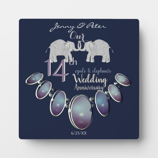 14th Wedding Anniversary Opals & Elephants Navy Fotoplatte (Vorderseite)