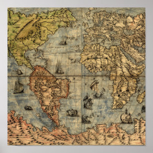 1565 Forlani Antike Weltkarte Vintage-Kartographie Poster