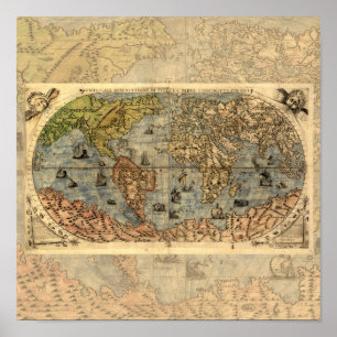 1565 Forlani Antike Weltkarte Vintage-Kartographie Poster