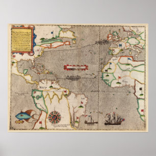 1589 Antillen-Reise Karten-Sir-Francis Drakes Poster