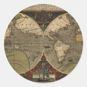 1595 Vintage Weltkarte durch Jodocus Hondius Runder Aufkleber
