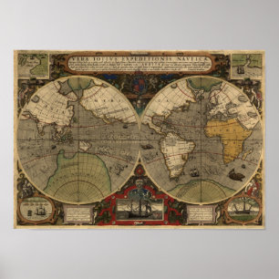 1595 Vintage Weltkarte von Jodocus Hondius Poster