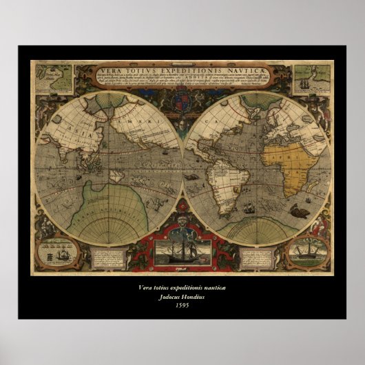 1595 Vintage Weltkarte von Jodocus Hondius Poster (Vorne)