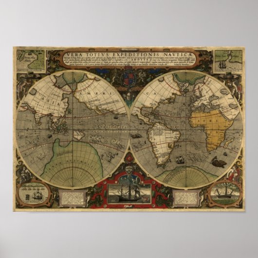 "1595 World Map of Hondius" Historische Karte Poster (Vorne)