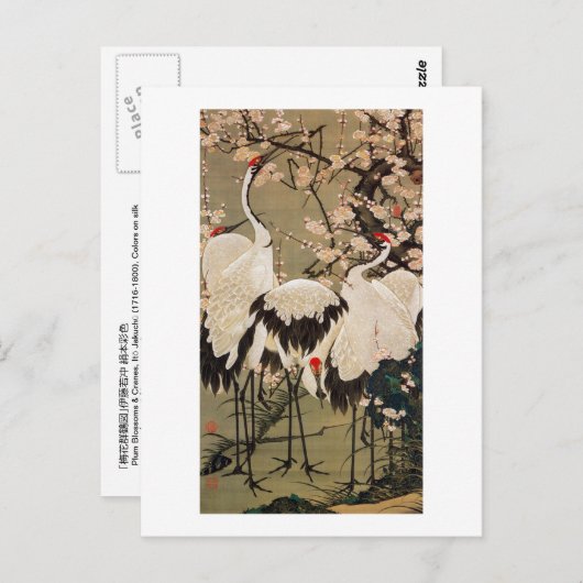 15. 梅 花 群 図, 若 冲 Pflaumenblüten & Krane, Jakuchū Postkarte (Vorne/Hinten)