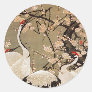 15. 梅 花 群 図, 若 冲 Pflaumenblüten & Krane, Jakuchū Runder Aufkleber