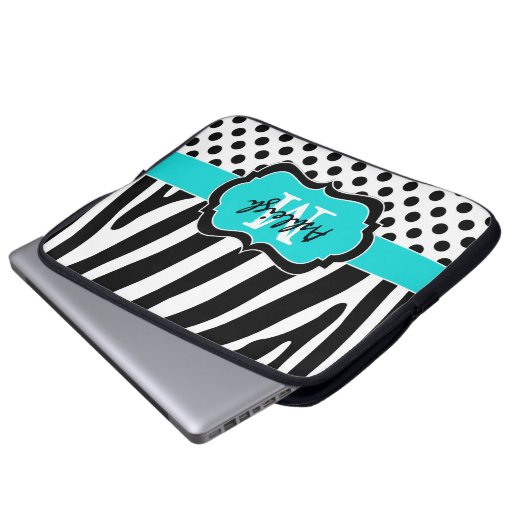 15" Aqua Black Zebra Stripes Polka Dot Laptop Case (Vorne Knopf)