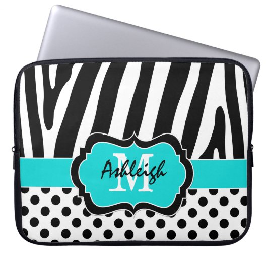 15" Aqua Black Zebra Stripes Polka Dot Laptop Case (Vorderseite)