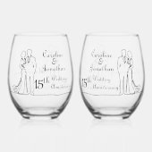 15. Crystal Wedding Anniversary Line Art Couple Weinglas Ohne Stiel (Vorderseite)