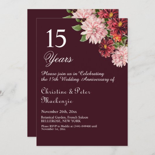 15. Crystal Wedding Jubiläum Burgund Floral Einladung (Vorne/Hinten)