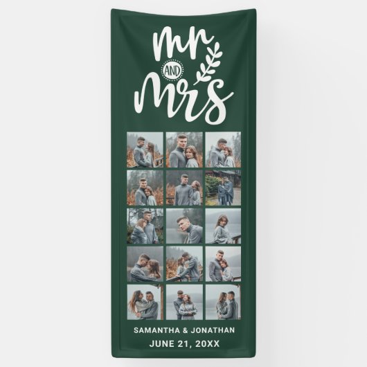 15 Foto Collage Green & White Mr. & Mrs. Wedding Banner (Vertikal)