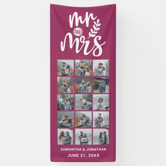 15 Foto Collage Pink & White Mr. & Mrs. Wedding Banner (Vertikal)