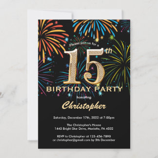 15. Geburtstag Black and Gold Rainbow Fireworks Einladung