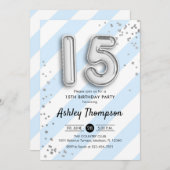15. Geburtstag - Blaue Streifen Silberballons Einladung (Vorne/Hinten)