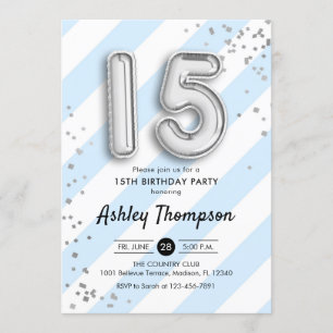 15. Geburtstag - Blaue Streifen Silberballons Einladung