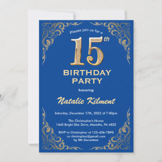 15. Geburtstag Blue and Gold Glitzer Frame Einladung