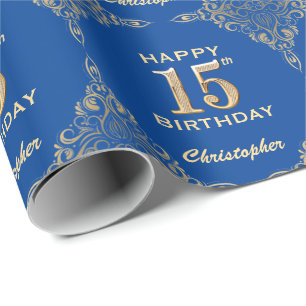 15. Geburtstag Blue and Gold Glitzer Frame Geschenkpapier