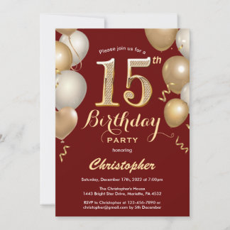 15. Geburtstag Dunkelrot und Gold Balloons Confett Einladung