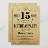 15. Geburtstag Einladung Black and Gold Glitzer (Vorne/Hinten)