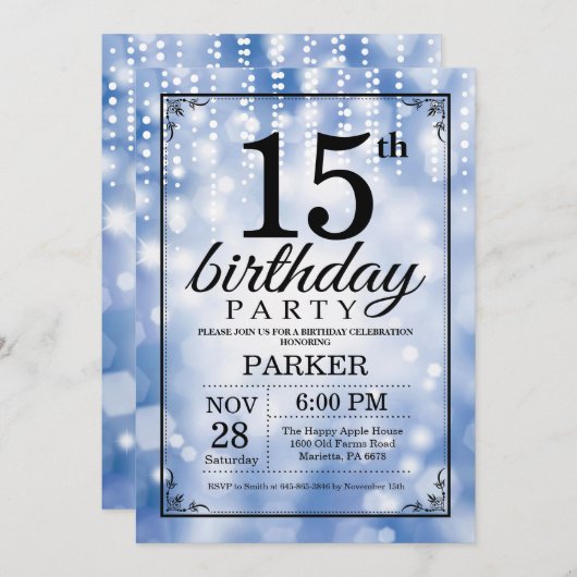 15. Geburtstag Einladung Blauer Glitzer (Vorne/Hinten)