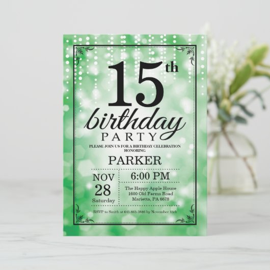 15. Geburtstag Einladung Grüner Glitzer (Stehend Vorderseite)