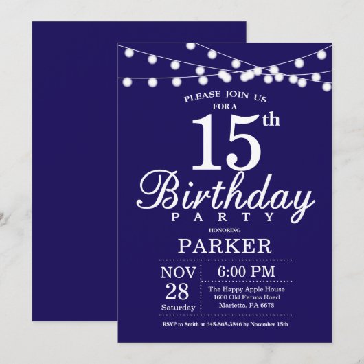 15. Geburtstag Einladung Navy Blue (Vorne/Hinten)