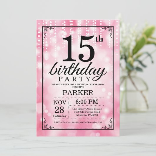 15. Geburtstag Einladung Rosa Glitzer (Stehend Vorderseite)
