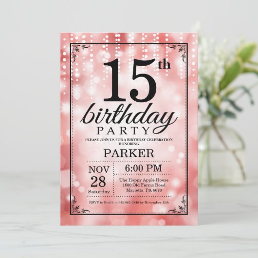 15. Geburtstag Einladung Roter Glitzer (Stehend Vorderseite)