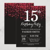 15. Geburtstag Einladung Roter Glitzer (Vorne/Hinten)